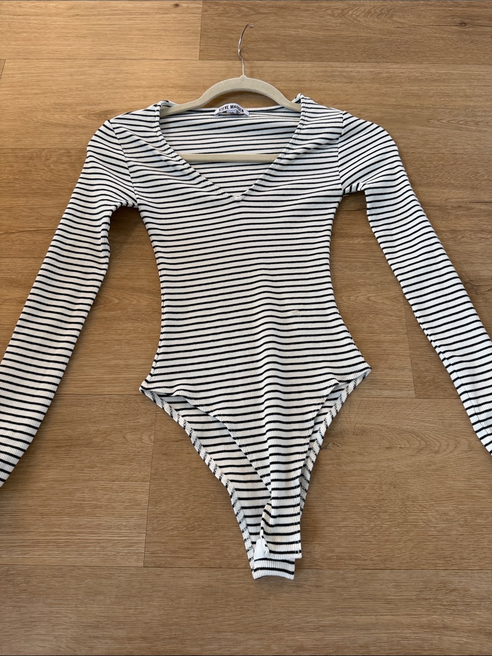 Steve Madden Black & White Striped Long-Sleeve Bodysuit